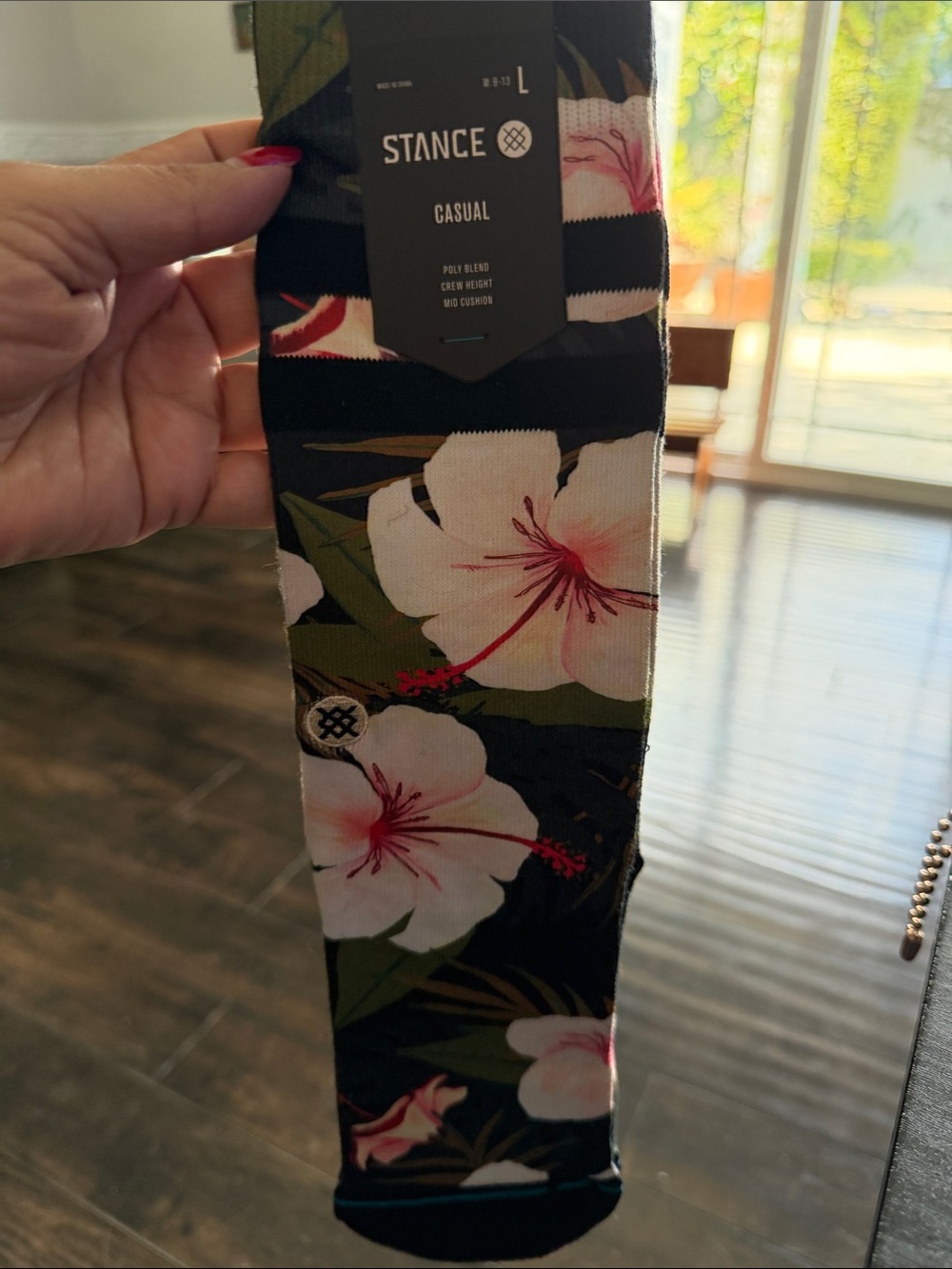Stance Black Floral Crew Socks with Pink and Green Accents